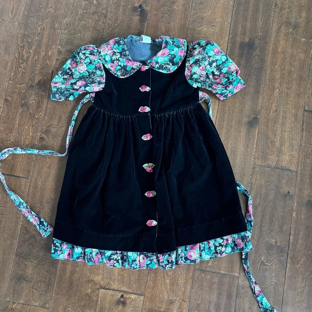 Vintage Jo Lene Girls Dress Small 6 Black Floral Velvet Collared Made in USA